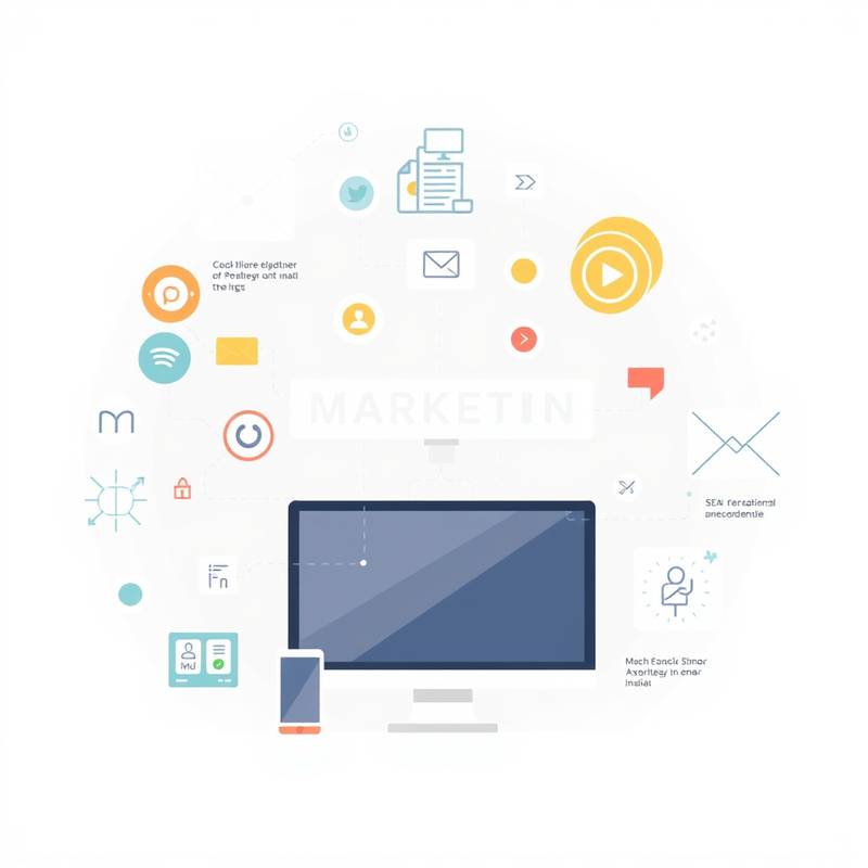 Illustration représentant une stratégie de marketing digital avec des icônes de réseaux sociaux, SEO et e-mailing